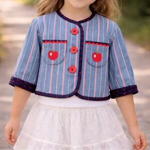 Homemade Blue Striped Cropped Jacket Apples on Pockets and Lining